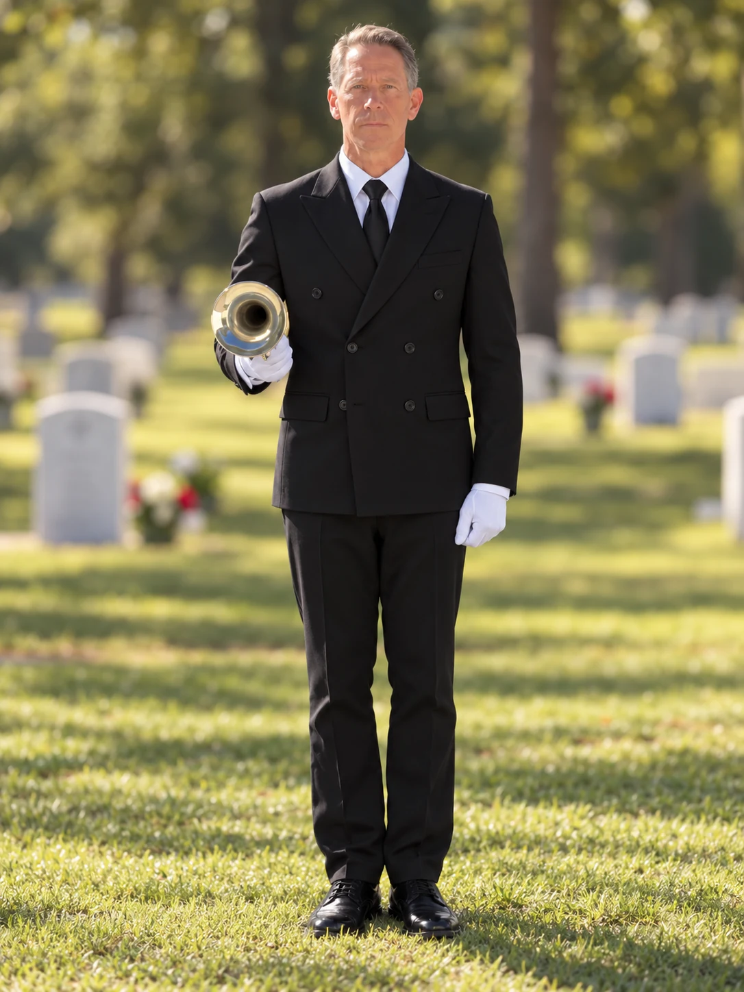 Gregg Kellogg in black civilian ceremonial attire, holding his bugle at a memorial cemetery